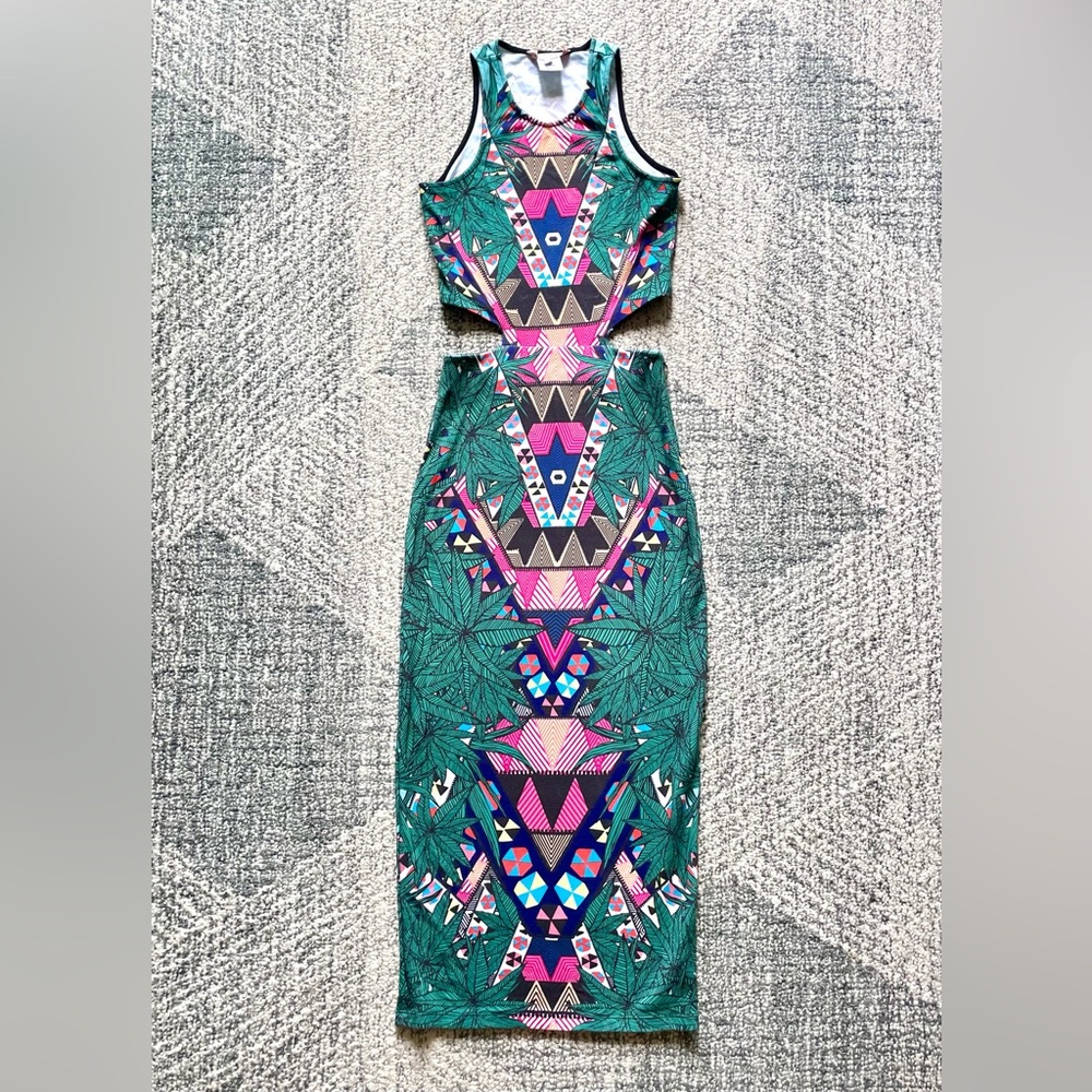 MARA HOFFMAN Teal & Pink Midi Dress Tropical Aztec Print Cutout Waist Bodycon
